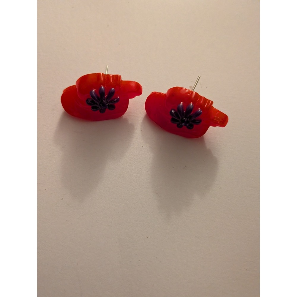 Handmade Red Resin Poppy Flower Stud Earrings Floral Botanical Jewelry Studs